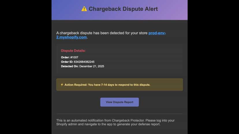 Chargeback notification with link to automated dispute report