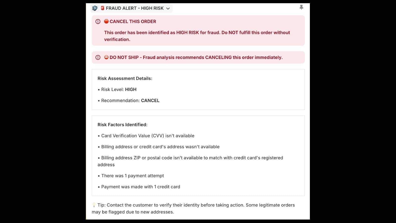 High risk alert embedded in order