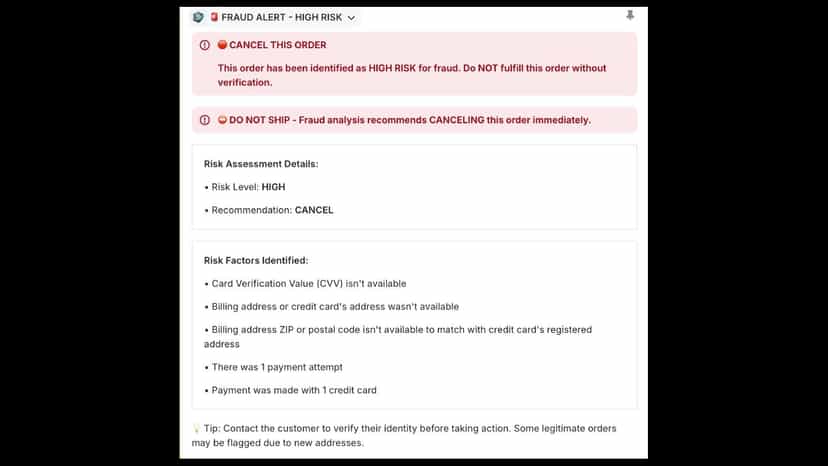 High risk alert embedded in order