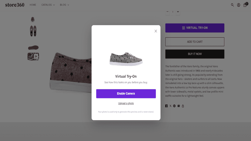 Mobile Virtual Try-On modal with camera and photo upload