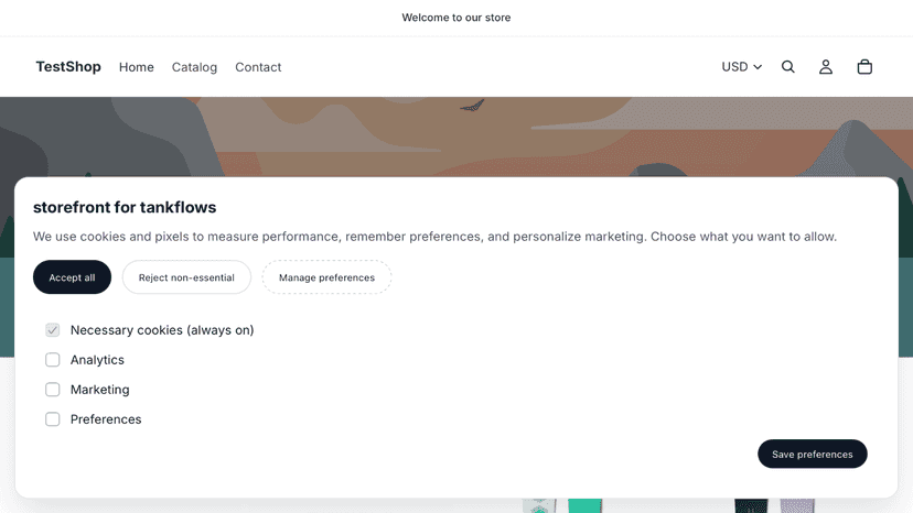 Cookie consent banner with analytics and marketing controls