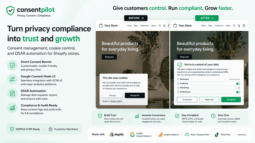 Consent banner with before and after tracking control view