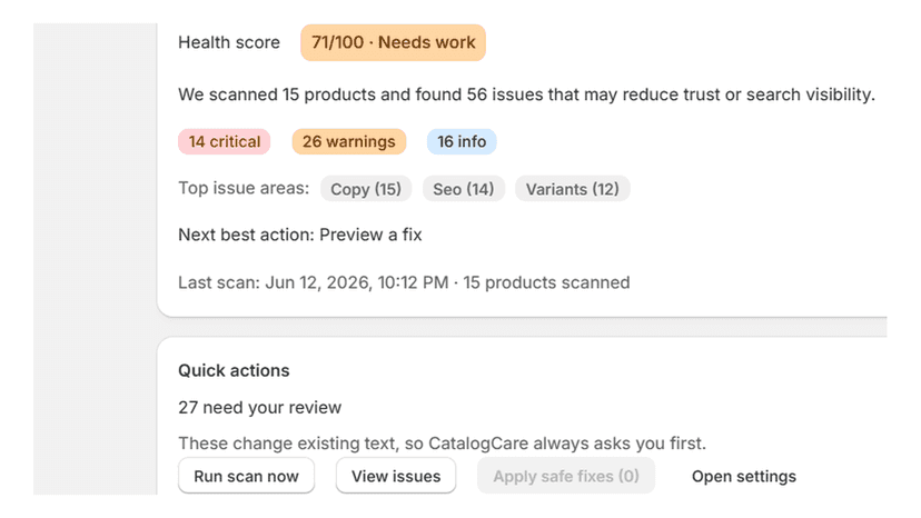 Dashboard with catalog health score