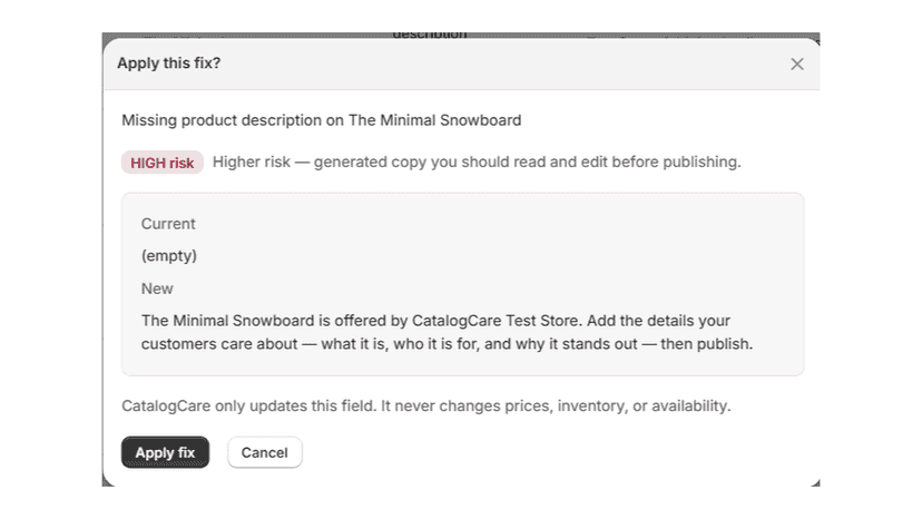 Review modal for a suggested fix