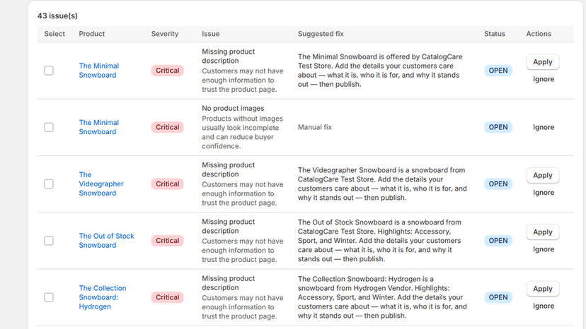 Product issue list for catalog fixes