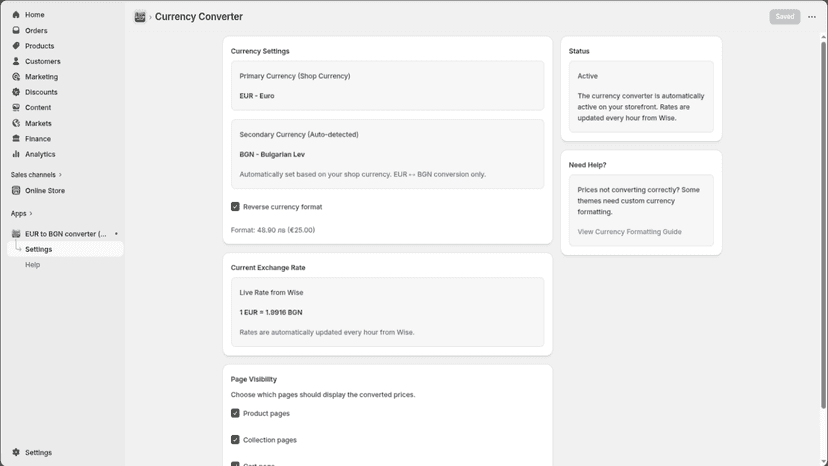 App settings with currency options and page visibility controls