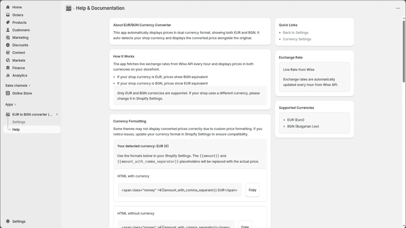 Help page with currency formatting guide and troubleshooting