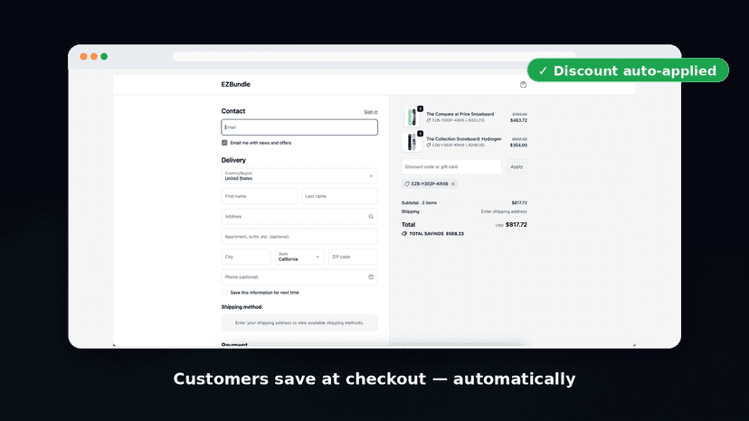 Checkout showing auto-applied bundle discount code