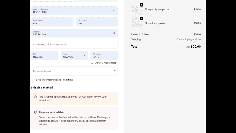 Shipping unavailable when cart contains pickup-only items