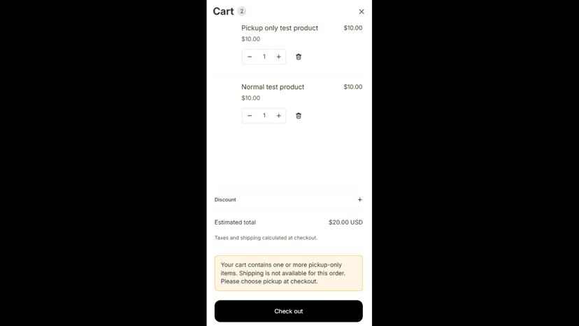 Cart warning for pickup-only items before checkout