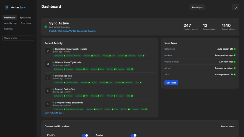 Veritas Sync dashboard — live activity log & sync status