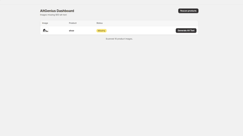AltGenius dashboard showing products that need alt text.