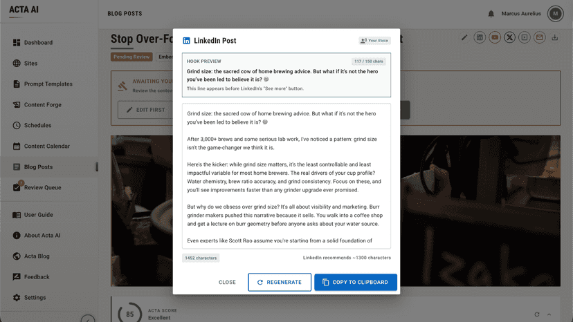 LinkedIn post repurpose dialog with hook preview