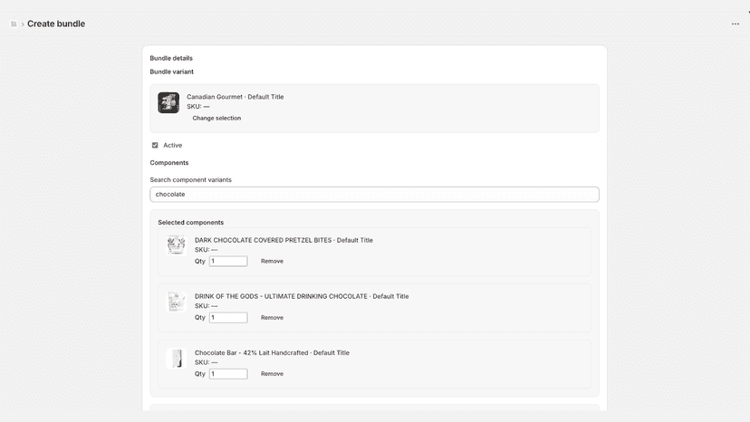 Create bundle screen with components and quantities.