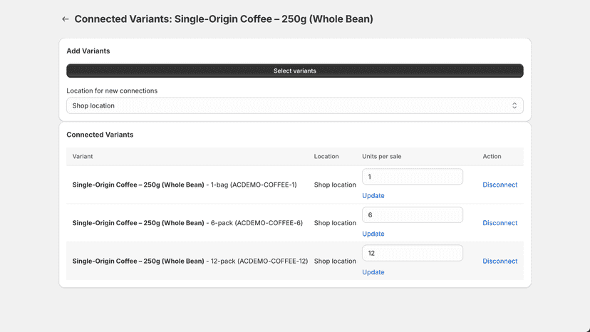 Coffee variants linked: single 1, 6-pack 6, 12-pack 12