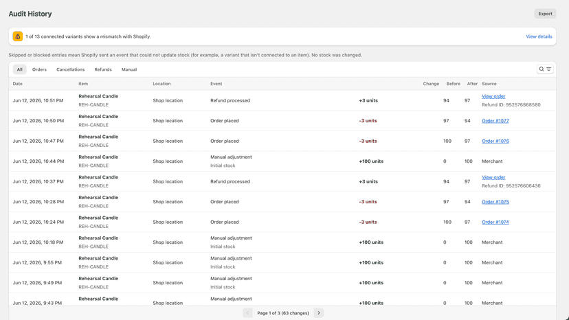 Audit log of stock changes from orders, refunds, and edits