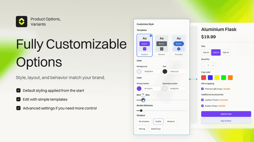 Fully customizable product options for Shopify stores