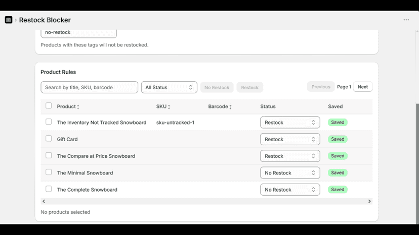 Product Rules list to set restock status per product.