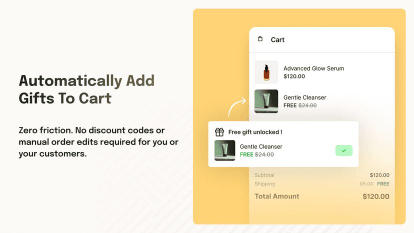 Free gift added to cart automatically with no codes.
