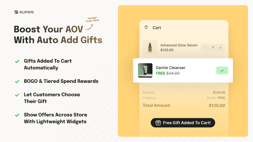 Boost AOV with automatic free gifts added to cart.