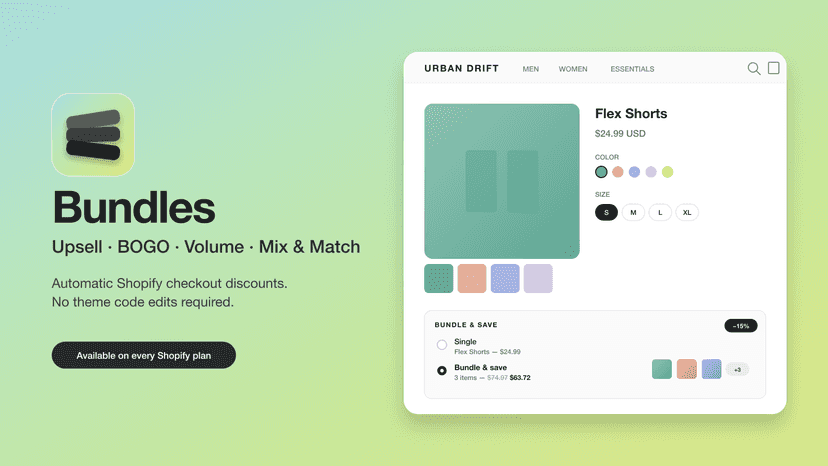 App icon and product page showing 15% off bundle widget.