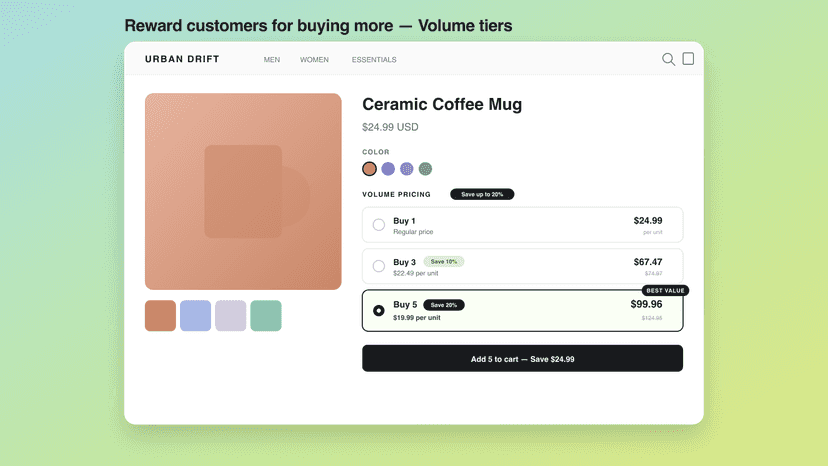 Volume tier widget on a product page with tiered pricing.
