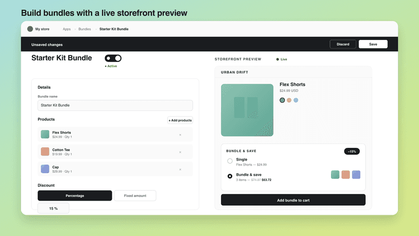 Bundle editor with live storefront preview side-by-side.