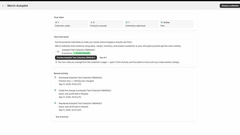 Merch Autopilot home overview and next recommended action