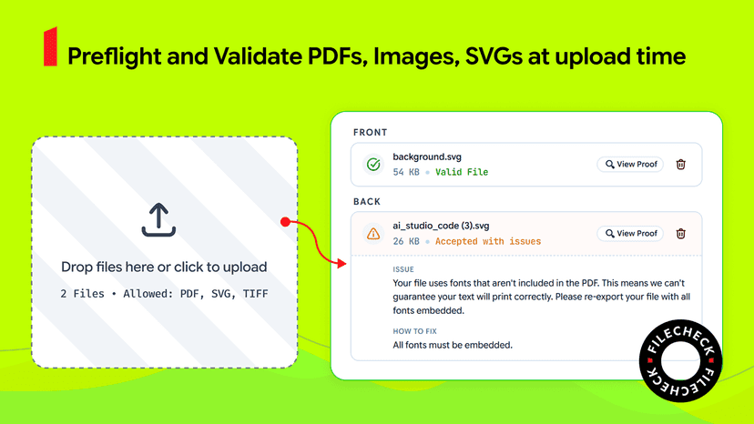 Filecheck preflight widget validating PDF and SVG uploads