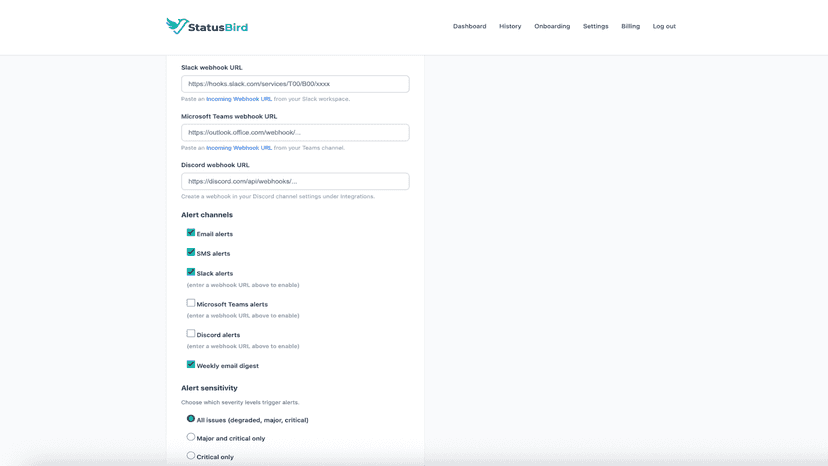Alert channel settings including email, SMS, Slack, Discord, and
