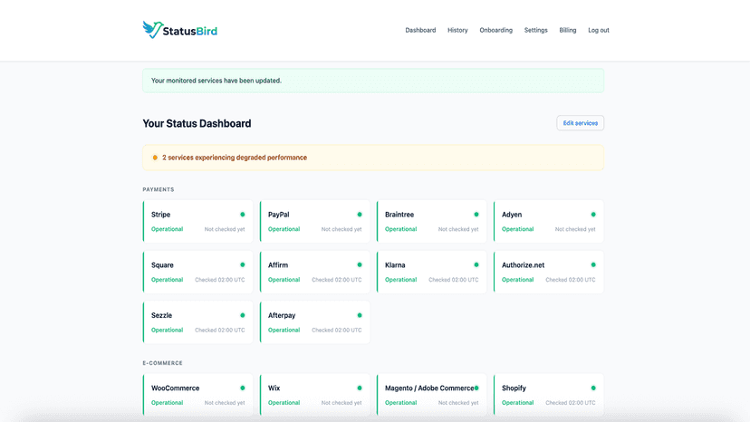 StatusBird dashboard monitoring Stripe, PayPal, and 75+ e-commer