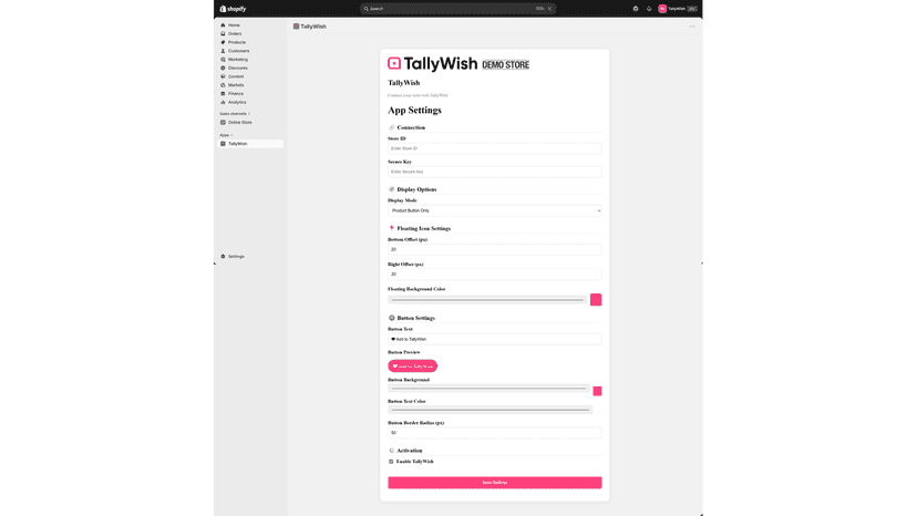 Tallywish Settings