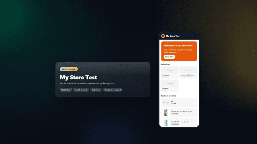 Mobile-first storefront preview showing products, collections