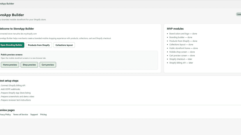 StoreApp Builder admin home with links to branding, products etc