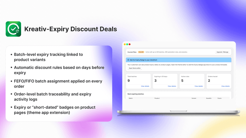 Kreativ-Expiry Discount Deals Shopify app dashboard overview