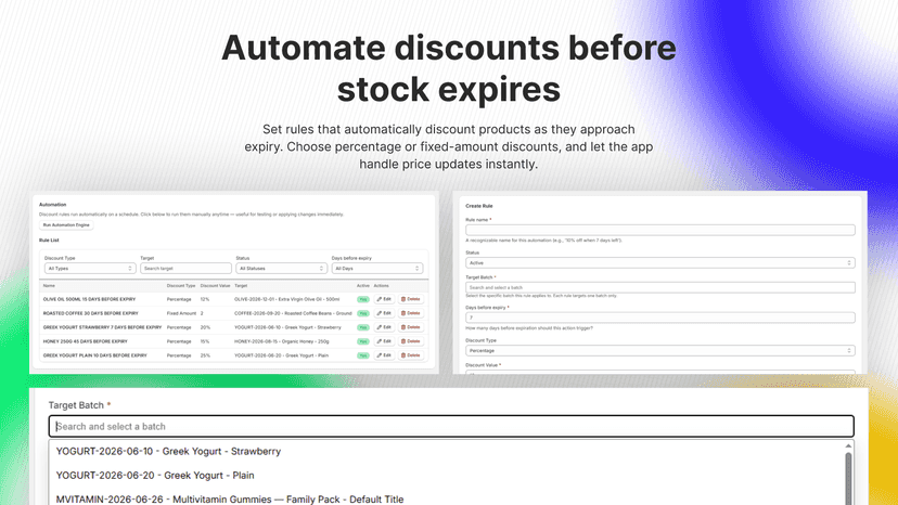 Discount rules list and create rule form for batches