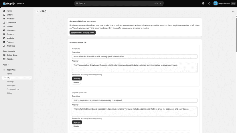 Auto-drafts a FAQ from your products — you approve it