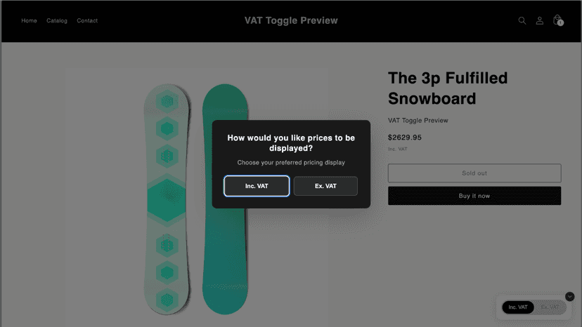 VAT Toggle - Pop Up Initial Session