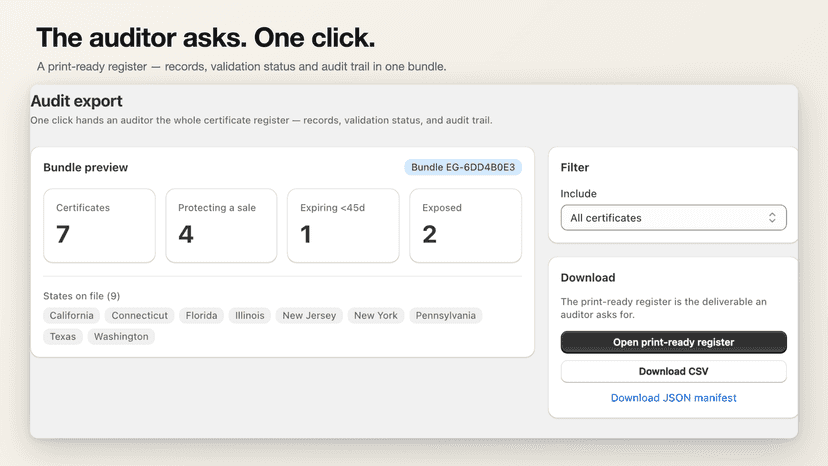 Audit export: print-ready register from live records