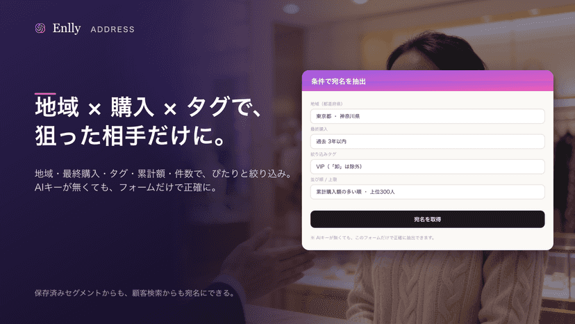 地域×購入×タグで狙った顧客だけを絞り込む条件設定画面