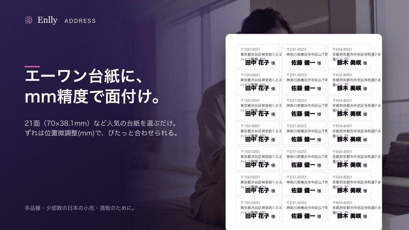 エーワン21面台紙にmm精度で宛名を面付けする設定画面