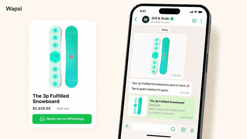 old-out product page with the WhatsApp restock alert on a phone