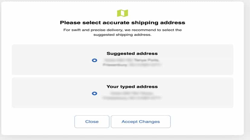 Address Validator Pop Up screen