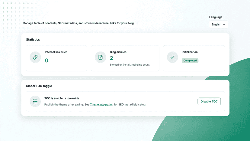 Blog SEO Toolkit dashboard with TOC and link stats