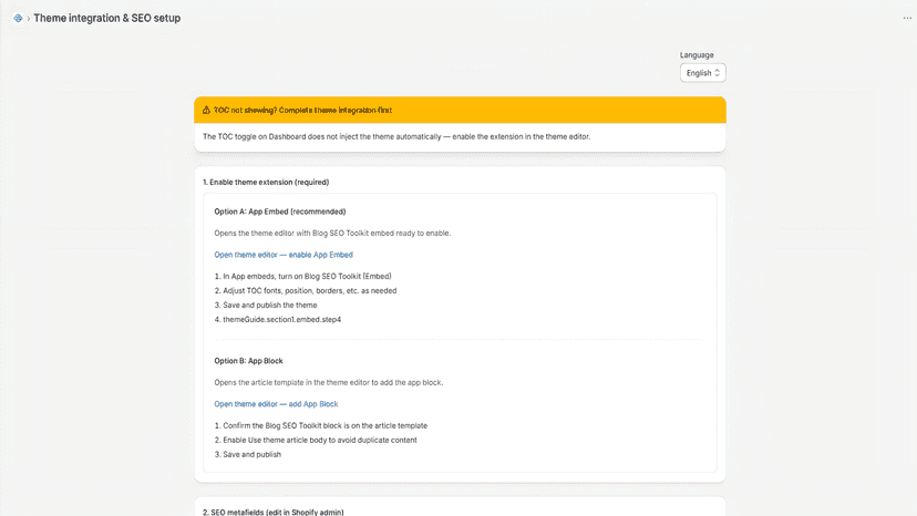 Theme integration guide with app embed setup steps