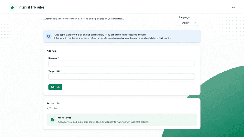 Manage store-wide internal link rules by keyword