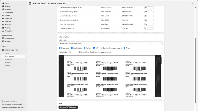 Choose the fields, preview the real sheet, then generate.