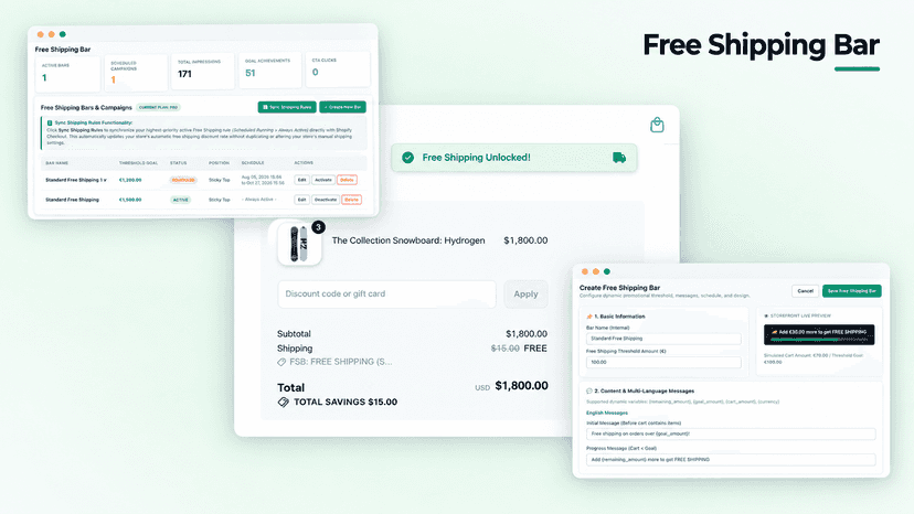 Free Shipping Bar app dashboard, cart preview and setup screens