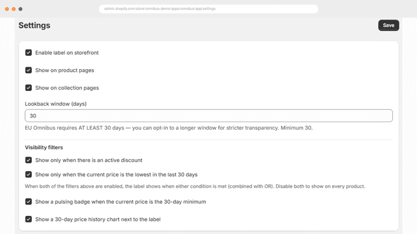 Settings page with toggles and configurable lookback window