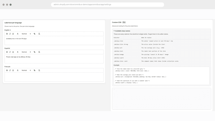Multi-language label editor and Pro custom CSS editor